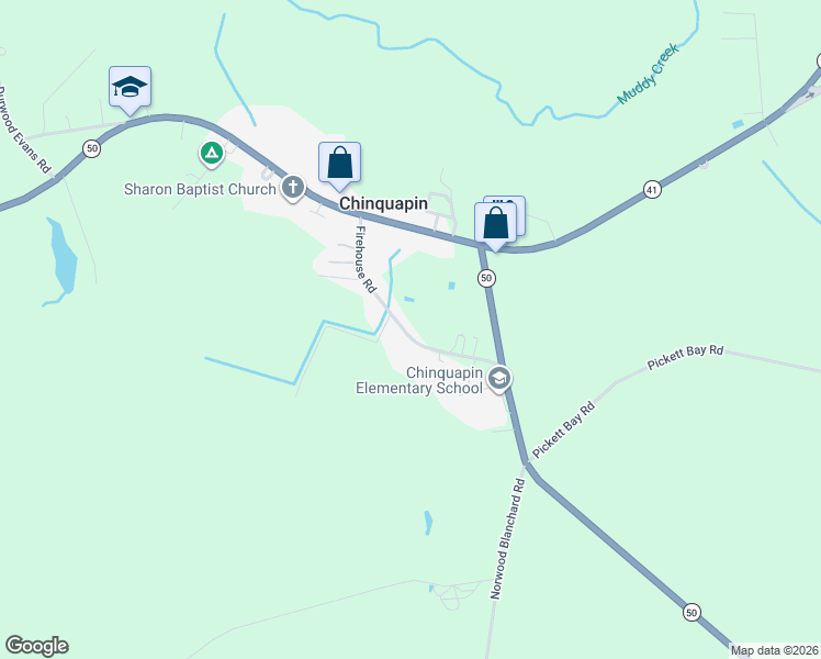 map of restaurants, bars, coffee shops, grocery stores, and more near 143-145 Firehouse Road in Chinquapin