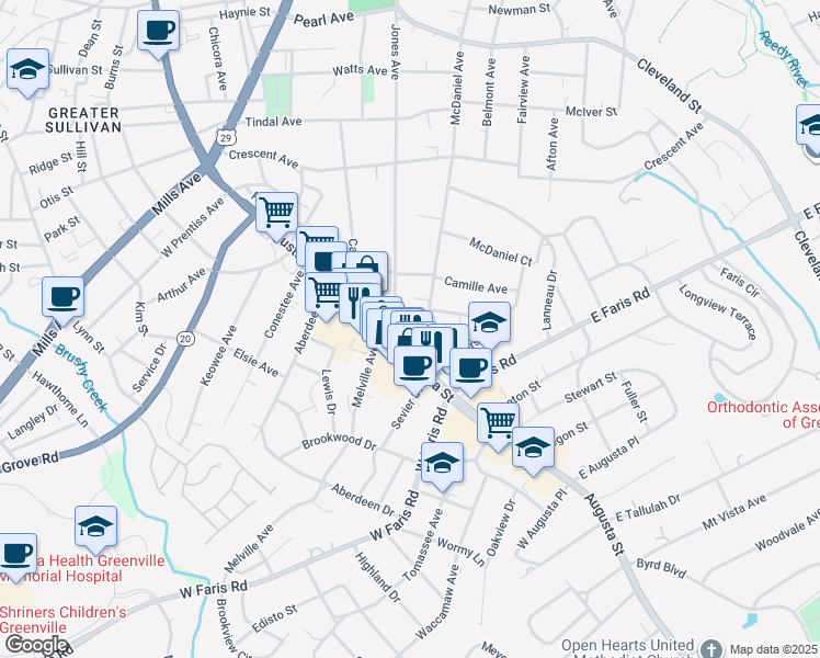 map of restaurants, bars, coffee shops, grocery stores, and more near 808 McDaniel Avenue in Greenville