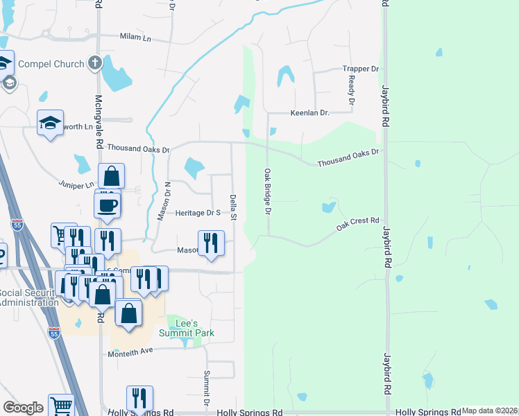 map of restaurants, bars, coffee shops, grocery stores, and more near 1833 Oak Bridge Drive in Hernando