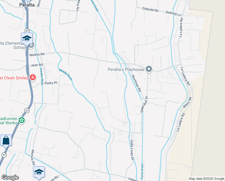map of restaurants, bars, coffee shops, grocery stores, and more near 26 Valle Lindo Court in Peralta