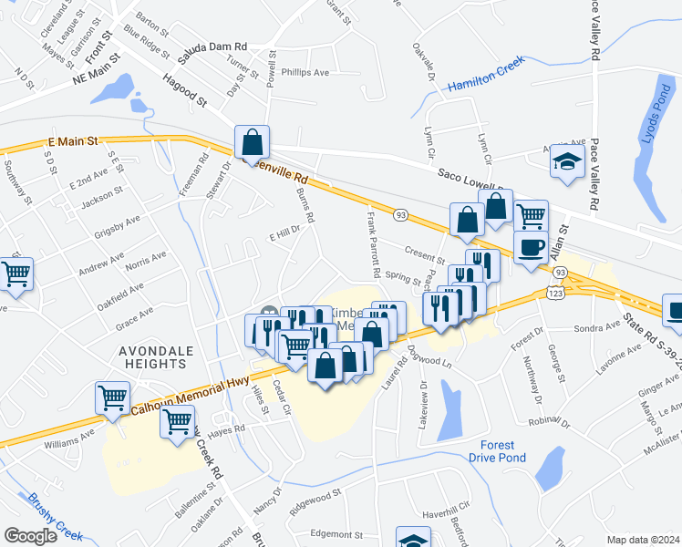 map of restaurants, bars, coffee shops, grocery stores, and more near 501 Burns Road in Easley