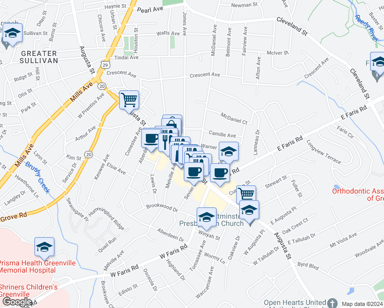 map of restaurants, bars, coffee shops, grocery stores, and more near 808 McDaniel Avenue in Greenville
