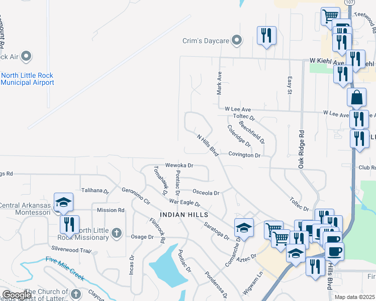 map of restaurants, bars, coffee shops, grocery stores, and more near 27 Tennyson Court in North Little Rock