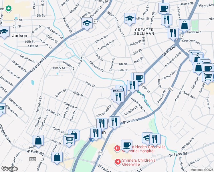 map of restaurants, bars, coffee shops, grocery stores, and more near 404 Ligon Street in Greenville
