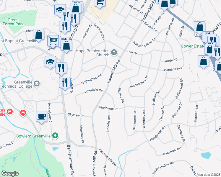 map of restaurants, bars, coffee shops, grocery stores, and more near 740 Parkins Mill Road in Greenville