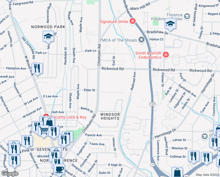 map of restaurants, bars, coffee shops, grocery stores, and more near 501-599 Elder St in Florence