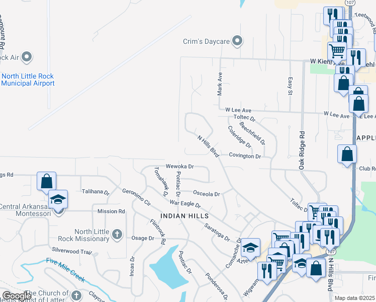 map of restaurants, bars, coffee shops, grocery stores, and more near 27 Tennyson Court in North Little Rock