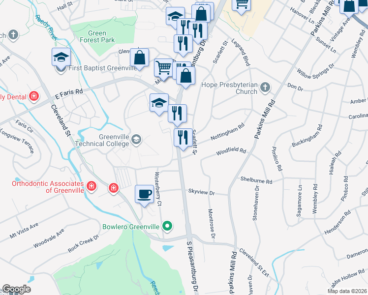 map of restaurants, bars, coffee shops, grocery stores, and more near 543 South Pleasantburg Drive in Greenville