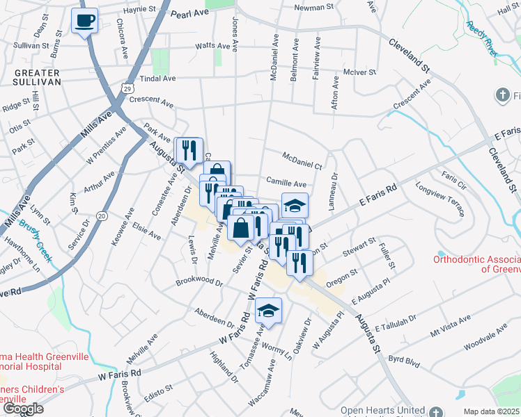 map of restaurants, bars, coffee shops, grocery stores, and more near 807 McDaniel Avenue in Greenville
