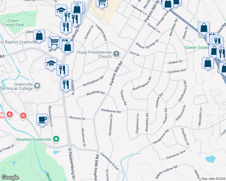 map of restaurants, bars, coffee shops, grocery stores, and more near 740 Parkins Mill Road in Greenville