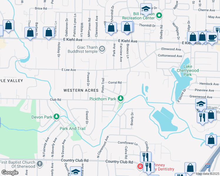 map of restaurants, bars, coffee shops, grocery stores, and more near 1607 Palomino Drive in Sherwood