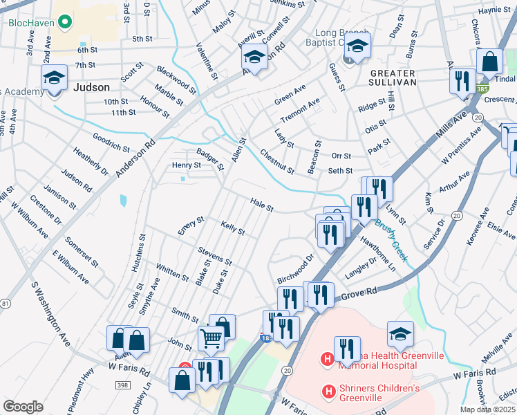 map of restaurants, bars, coffee shops, grocery stores, and more near 2 Duke Street in Greenville