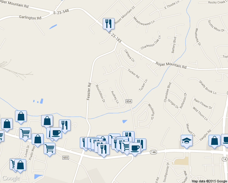 map of restaurants, bars, coffee shops, grocery stores, and more near 106 Audrey Lane in Greenville