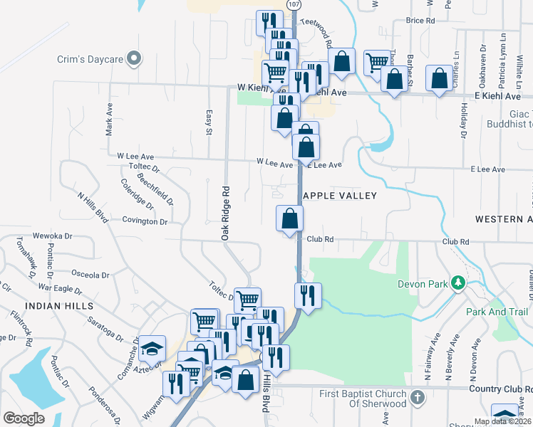 map of restaurants, bars, coffee shops, grocery stores, and more near 121 Almond Cove in Sherwood