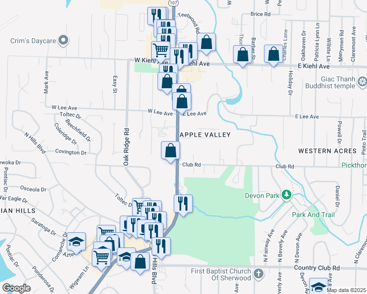 map of restaurants, bars, coffee shops, grocery stores, and more near 7910 Arkansas 107 in Sherwood