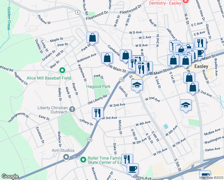 map of restaurants, bars, coffee shops, grocery stores, and more near 210 Old Liberty Road in Easley