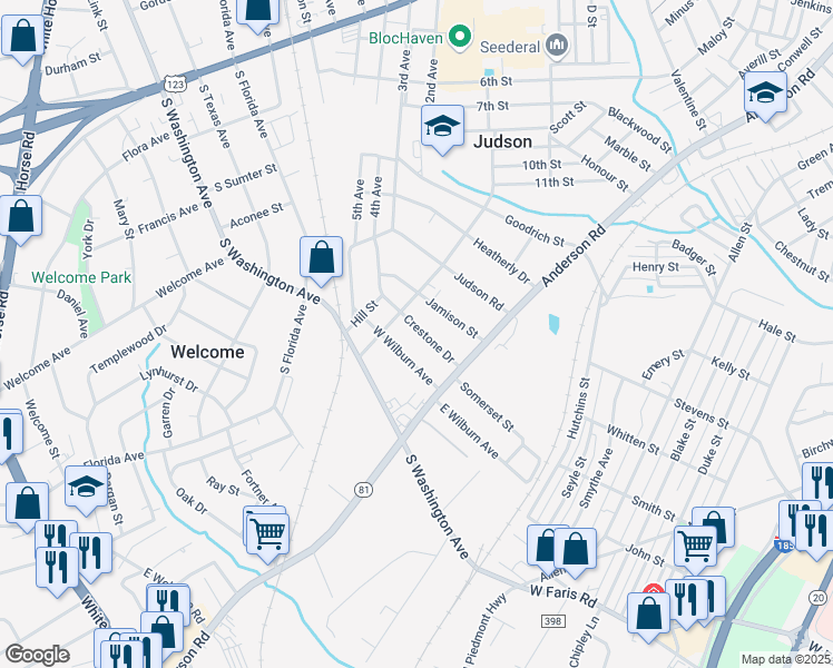 map of restaurants, bars, coffee shops, grocery stores, and more near 21 Crestone Drive in Greenville