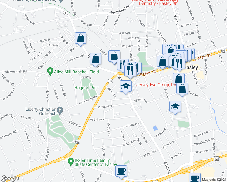 map of restaurants, bars, coffee shops, grocery stores, and more near 100 Sitton Drive in Easley