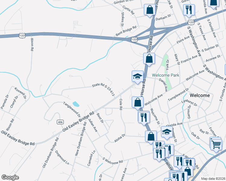 map of restaurants, bars, coffee shops, grocery stores, and more near 5 Yown Road in Greenville