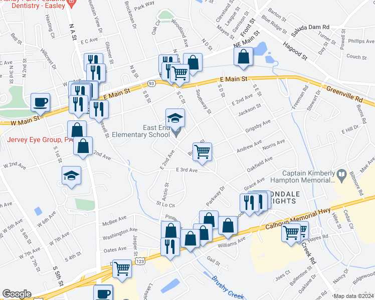 map of restaurants, bars, coffee shops, grocery stores, and more near 402 South B Street in Easley