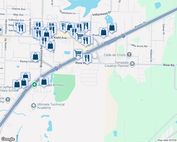 map of restaurants, bars, coffee shops, grocery stores, and more near 4400 Rixie Road in North Little Rock