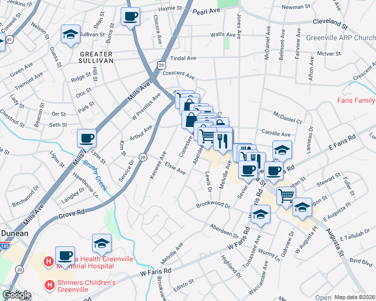 map of restaurants, bars, coffee shops, grocery stores, and more near 27 Conestee Avenue in Greenville
