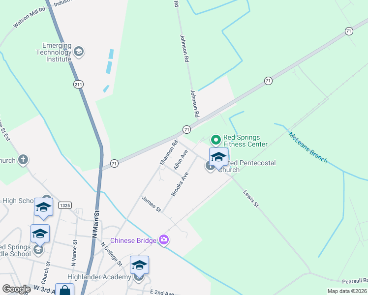 map of restaurants, bars, coffee shops, grocery stores, and more near 118-198 Allen Avenue in Red Springs