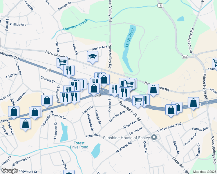 map of restaurants, bars, coffee shops, grocery stores, and more near 2031 East Main Street in Easley