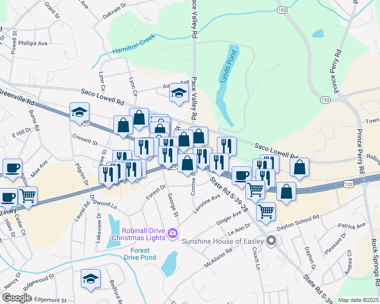 map of restaurants, bars, coffee shops, grocery stores, and more near 2031 East Main Street in Easley