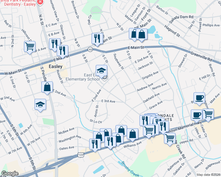 map of restaurants, bars, coffee shops, grocery stores, and more near 106 Buddin Street in Easley