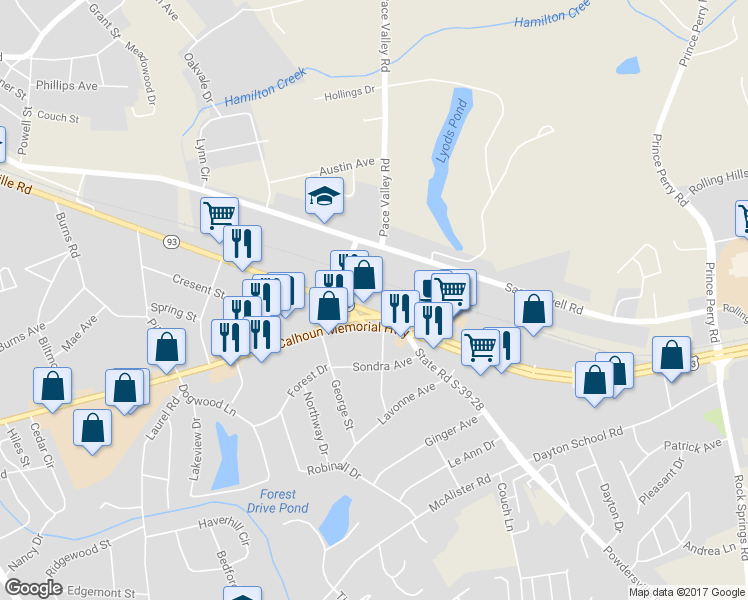 map of restaurants, bars, coffee shops, grocery stores, and more near 2031 East Main Street in Easley