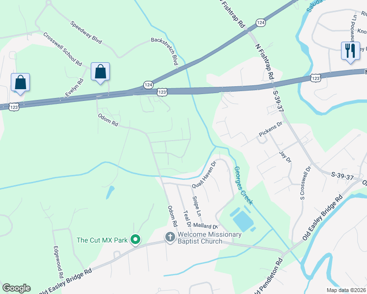 map of restaurants, bars, coffee shops, grocery stores, and more near 114 Green Pine Way in Easley