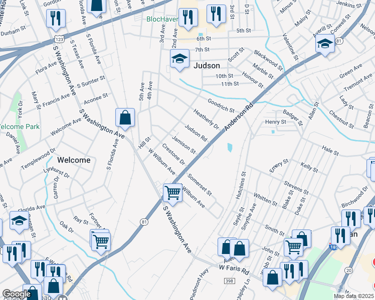 map of restaurants, bars, coffee shops, grocery stores, and more near 11 Jamison Street in Greenville