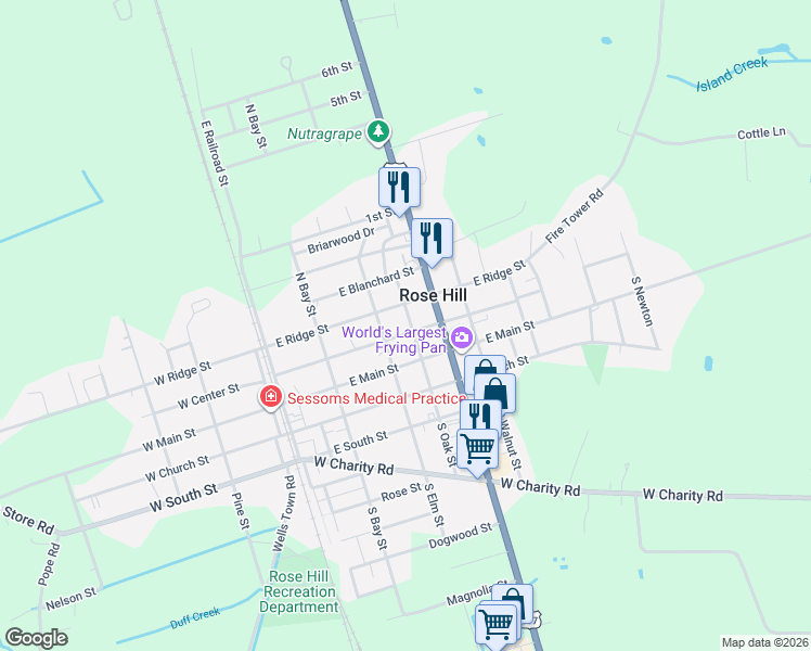 map of restaurants, bars, coffee shops, grocery stores, and more near 315 East Center Street in Rose Hill