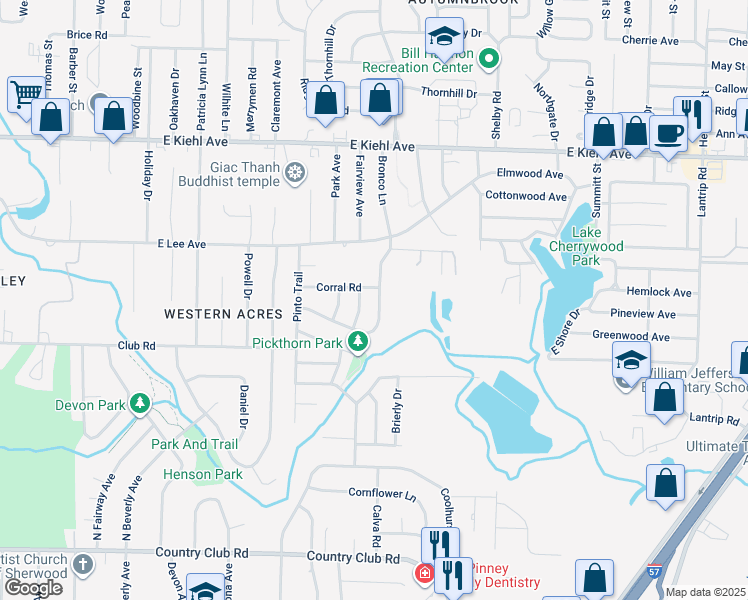 map of restaurants, bars, coffee shops, grocery stores, and more near 7917 Bronco Lane in Sherwood