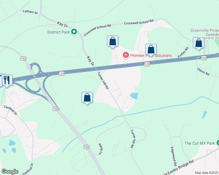 map of restaurants, bars, coffee shops, grocery stores, and more near 143 Turner Hill Road in Easley
