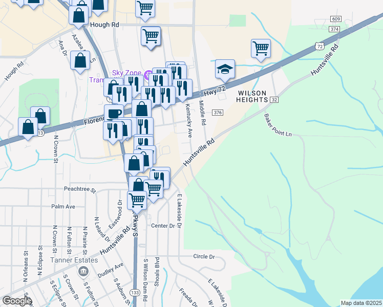 map of restaurants, bars, coffee shops, grocery stores, and more near 2 Alabama Avenue in Florence