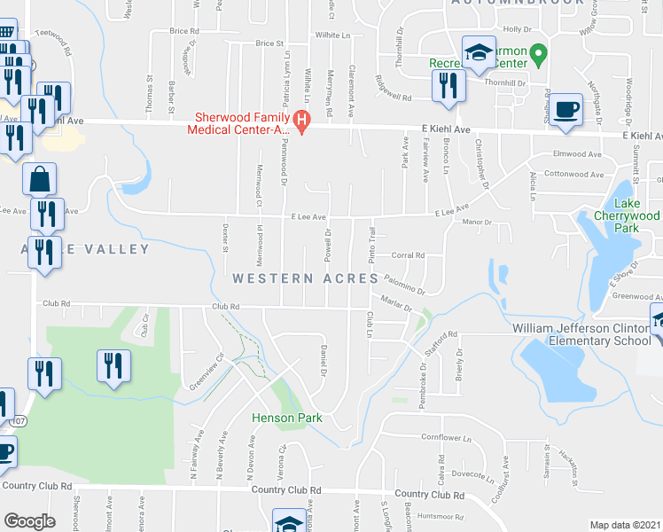 map of restaurants, bars, coffee shops, grocery stores, and more near 7820 Powell Drive in Sherwood
