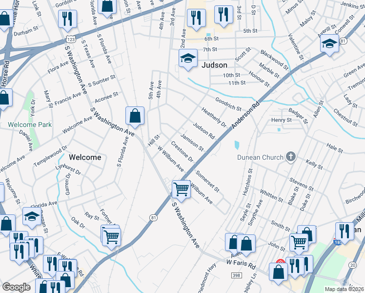 map of restaurants, bars, coffee shops, grocery stores, and more near 21 Crestone Drive in Greenville