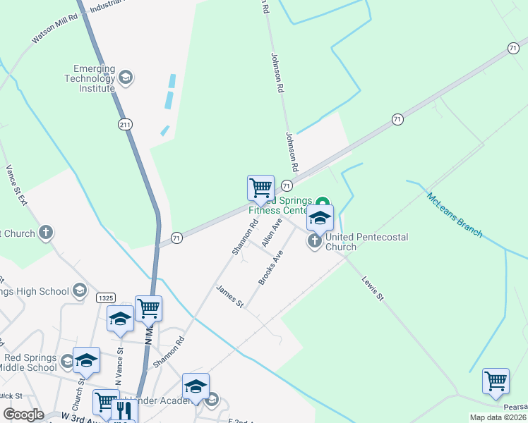map of restaurants, bars, coffee shops, grocery stores, and more near 513-521 Shannon Road in Red Springs