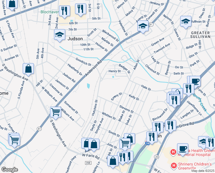 map of restaurants, bars, coffee shops, grocery stores, and more near 41 Stevens Street in Greenville