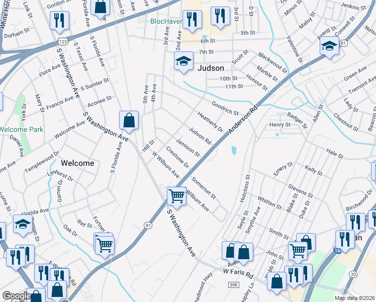 map of restaurants, bars, coffee shops, grocery stores, and more near 11 Jamison Street in Greenville