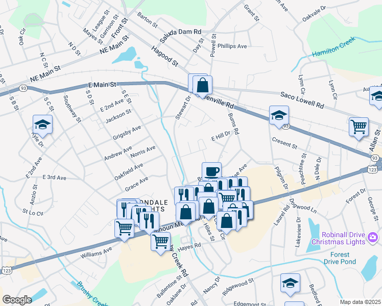 map of restaurants, bars, coffee shops, grocery stores, and more near 104 East Terrace Drive in Easley