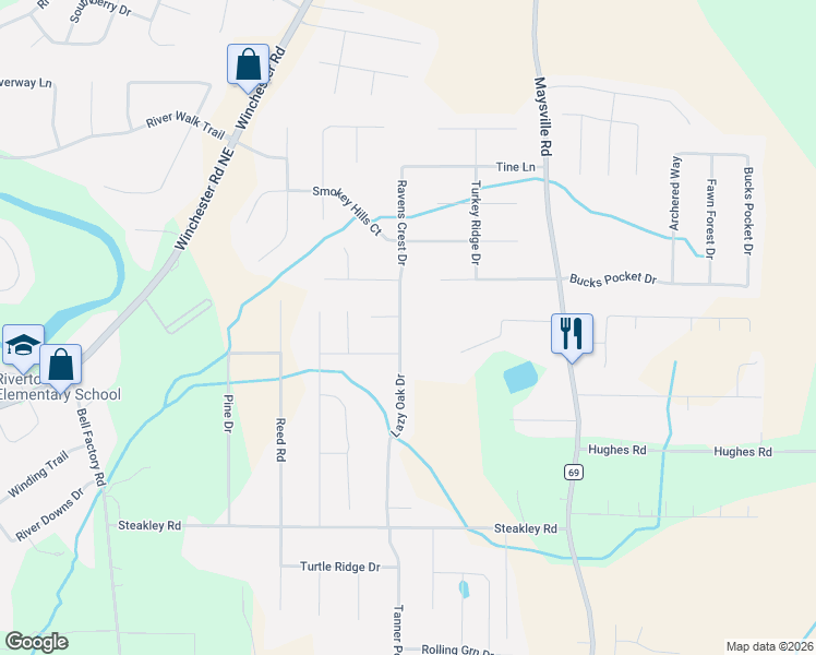 map of restaurants, bars, coffee shops, grocery stores, and more near 102 Split Oak Circle in New Market
