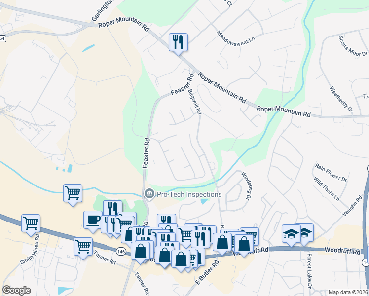 map of restaurants, bars, coffee shops, grocery stores, and more near 106 Audrey Lane in Greenville