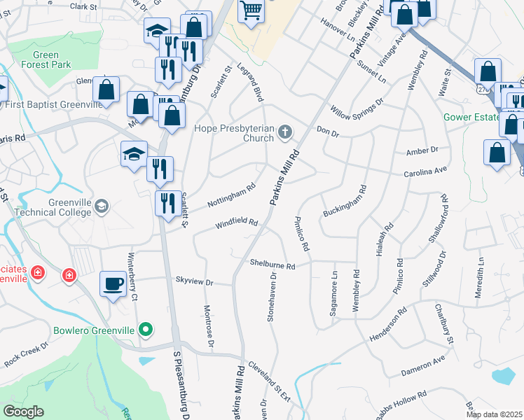 map of restaurants, bars, coffee shops, grocery stores, and more near 740 Parkins Mill Road in Greenville