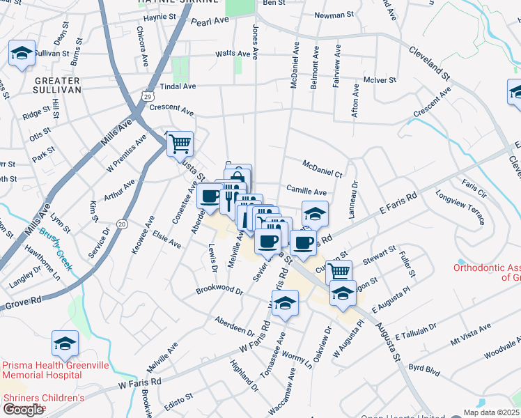 map of restaurants, bars, coffee shops, grocery stores, and more near 808 McDaniel Avenue in Greenville
