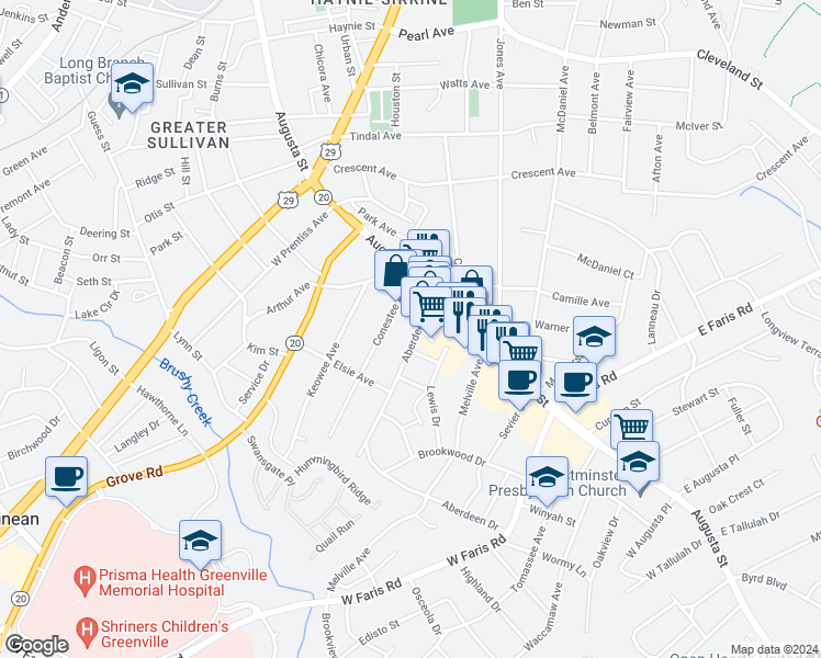 map of restaurants, bars, coffee shops, grocery stores, and more near 4 South Lewis Plaza in Greenville