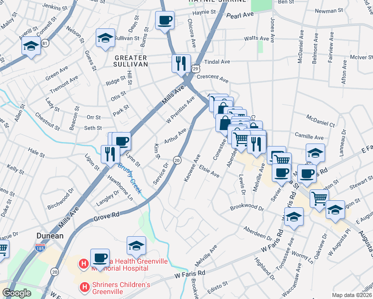 map of restaurants, bars, coffee shops, grocery stores, and more near 221 Grove Road in Greenville