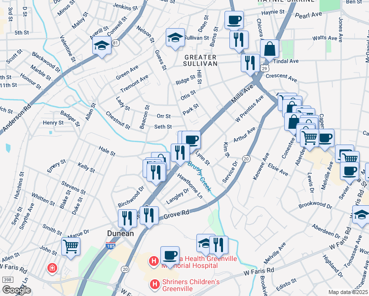map of restaurants, bars, coffee shops, grocery stores, and more near in Greenville